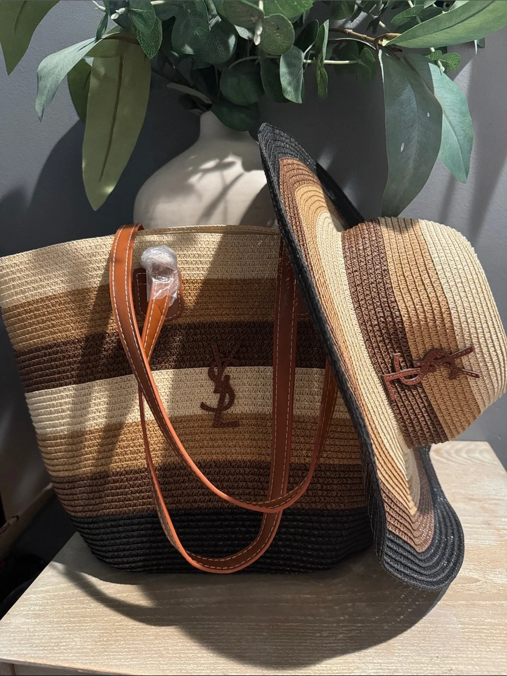 Striped Straw Tote and Matching Hat Set in Brown and Cream